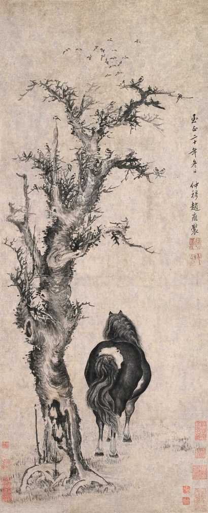 赵雍（款） 1360年作 寒林散牧 立轴